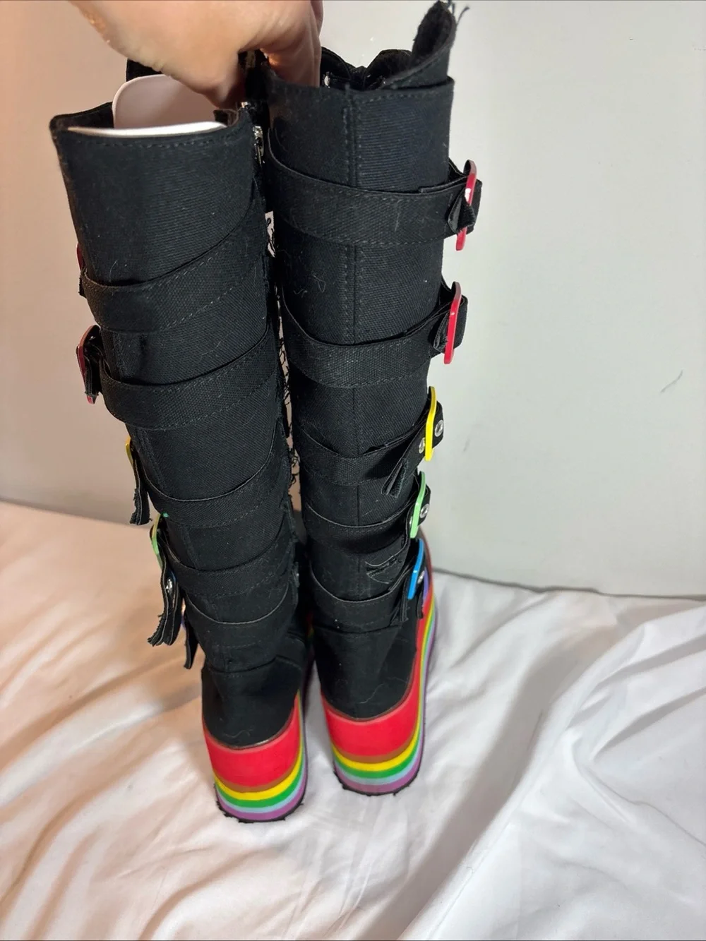 Black Lace-Up Platform Boots with Rainbow Sole